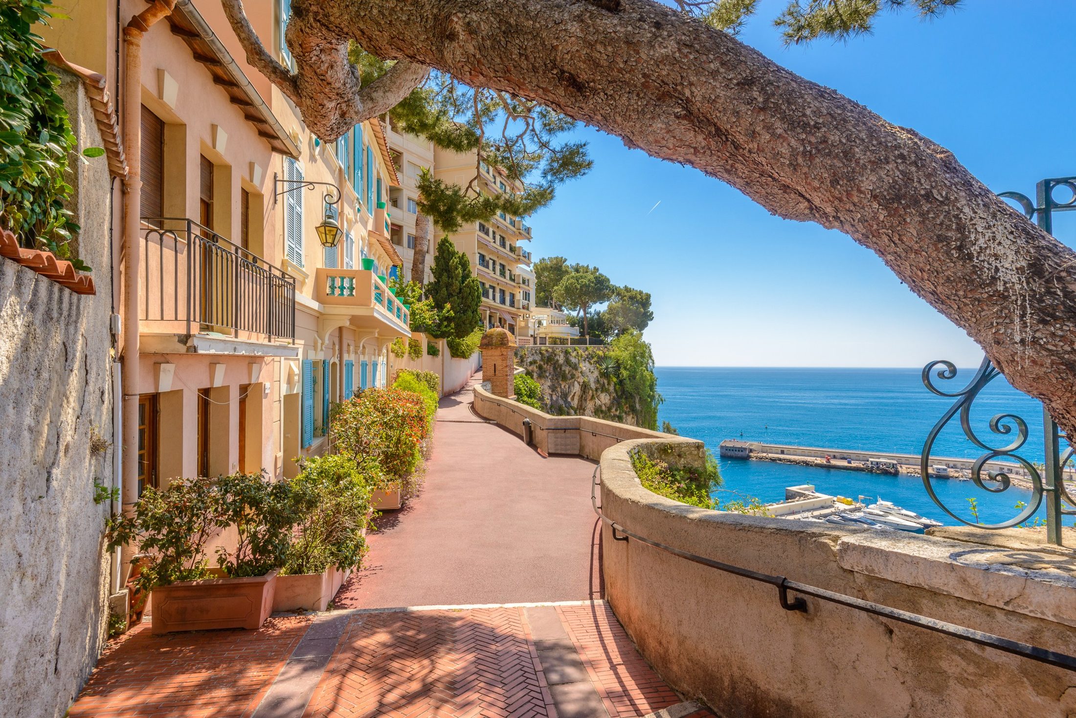 Küstenweg an der Côte d'Azur mit Blick auf Yachthafen und Mittelmeer